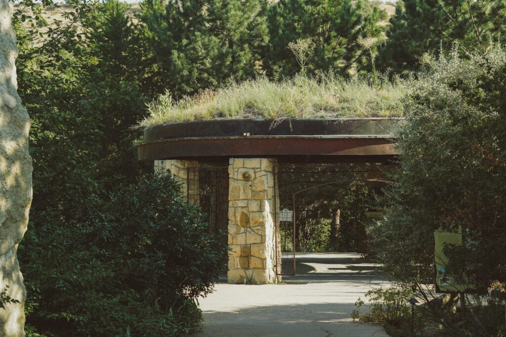 A view of the Lewis and Clark Garden at the Idaho Botanical Garden, featuring native plants recorded during the Lewis and Clark Expedition, such as blue flax, Lewis’ monkeyflower, and bitterroot. Interpretive signage and a natural landscape design reflect the ecological and cultural history of the American West.